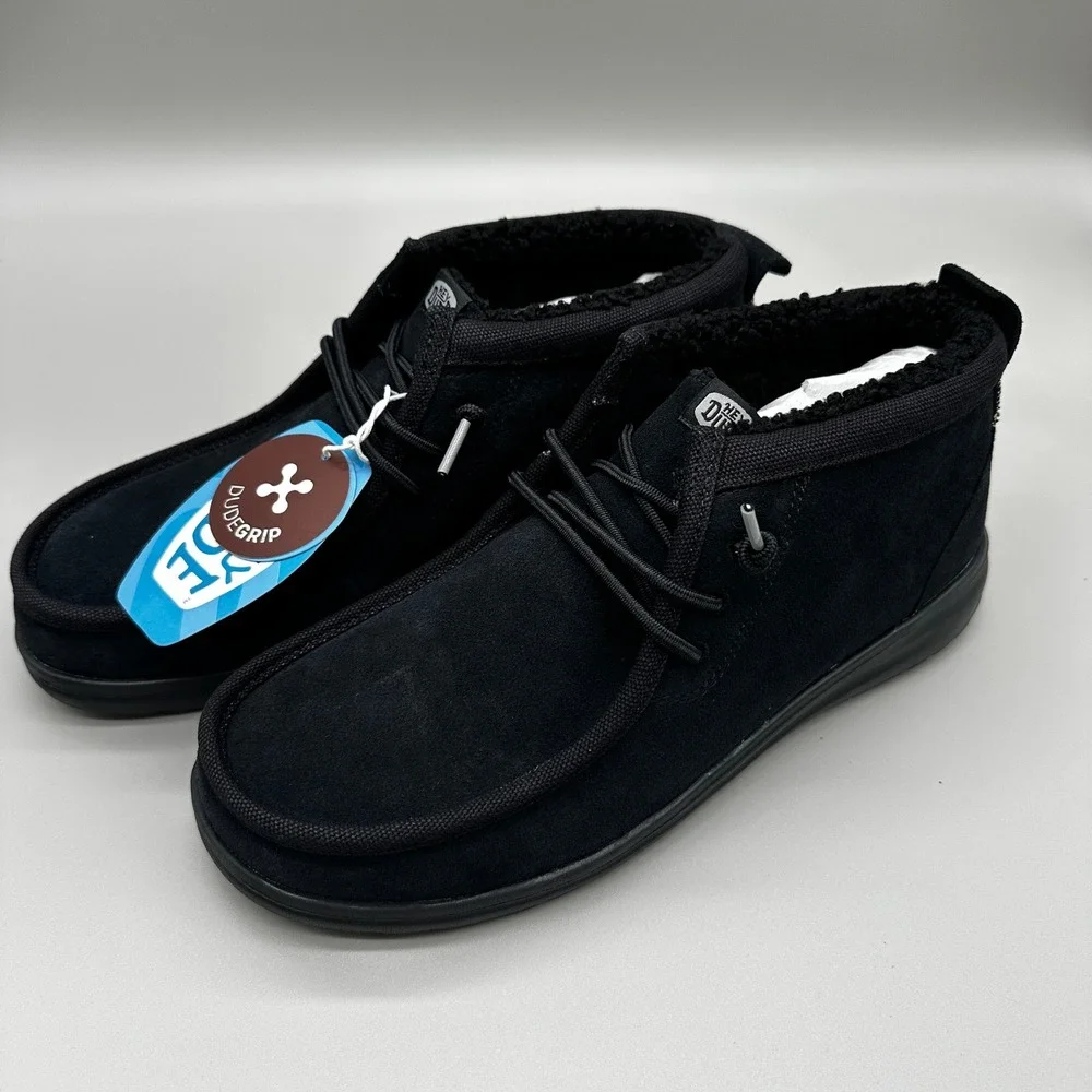 Hey Dude Wally Mid Gripr Warmth Shoes Mens 11 Black Suede Faux Fur Lined NEW